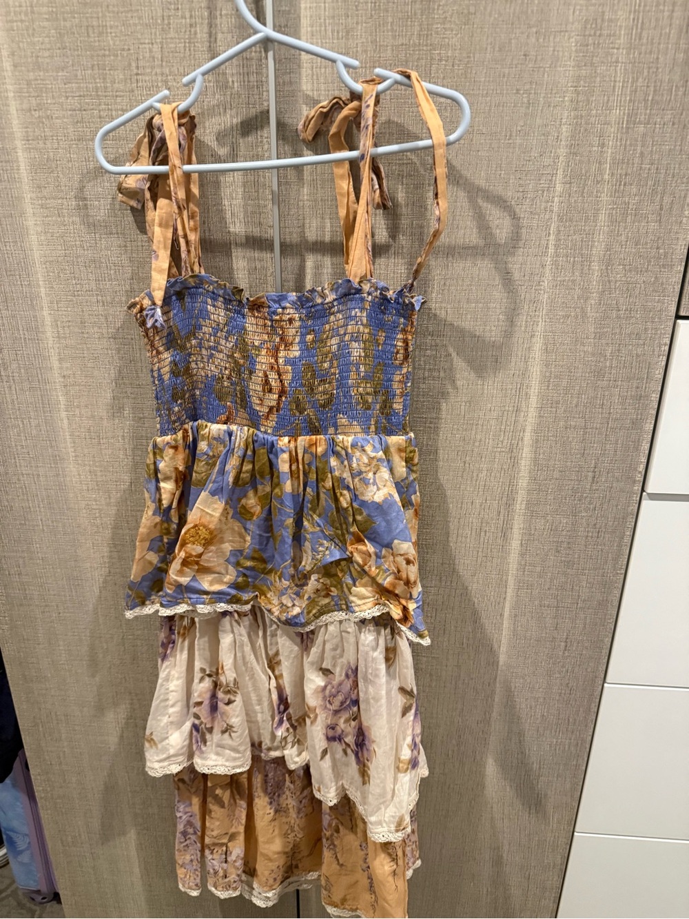 Zimmermann Girls Floral Tiered Sundress - Blue & Tan & Cream